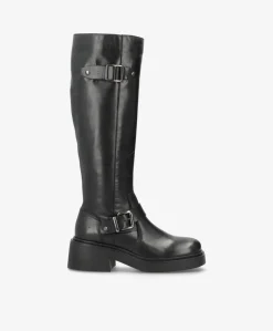 SADDLE LONG Buckle - Sort læder - Lange støvler Dame