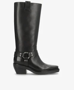 SEQUENCE - Dame Lang biker støvle med hæl - Sort læder