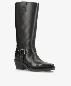 SEQUENCE - Dame Lang biker støvle med hæl - Sort læder