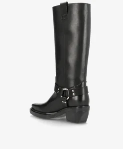 SEQUENCE - Dame Lang biker støvle med hæl - Sort læder