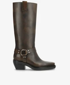 SEQUENCE - Dame Lang biker støvle med hæl - Mørkebrun læder