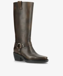 SEQUENCE - Dame Lang biker støvle med hæl - Mørkebrun læder