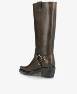 SEQUENCE - Dame Lang biker støvle med hæl - Mørkebrun læder