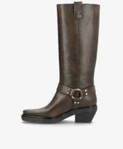 SEQUENCE - Dame Lang biker støvle med hæl - Mørkebrun læder